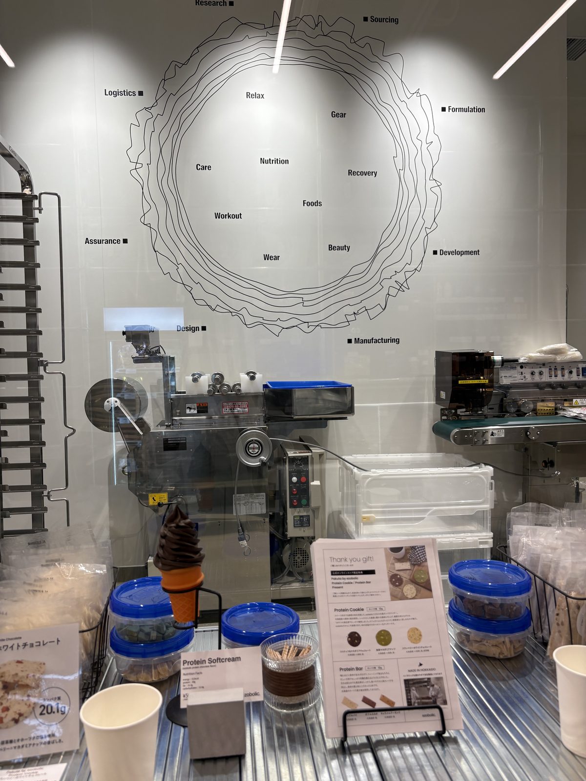 ezobolic店内のプロテイン製造スペースと、年輪をモチーフにしたブランドコンセプト図