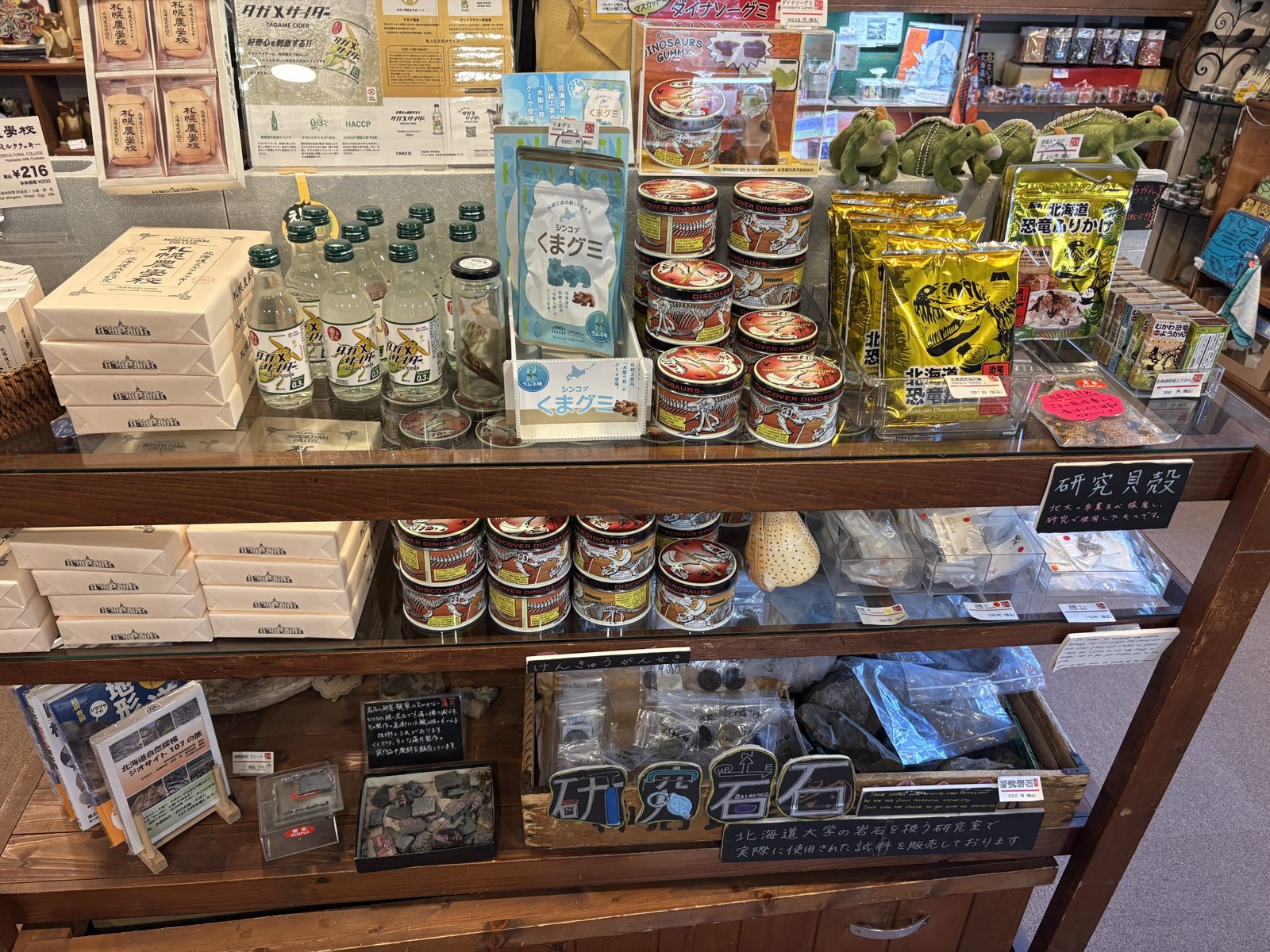 北海道大学総合博物館のミュージアムショップ「ぽとろ」の商品棚