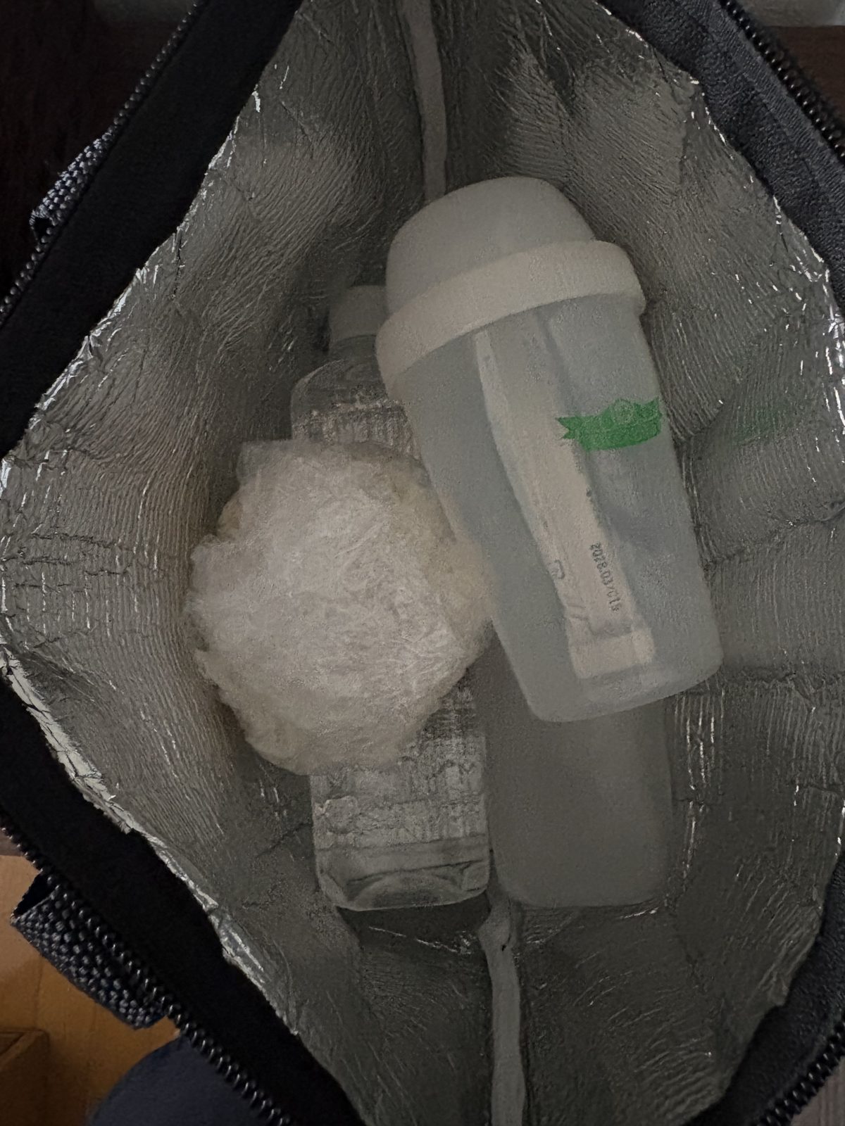 保冷バッグにおにぎりと凍らせた水のペットボトルを一緒に入れたところ