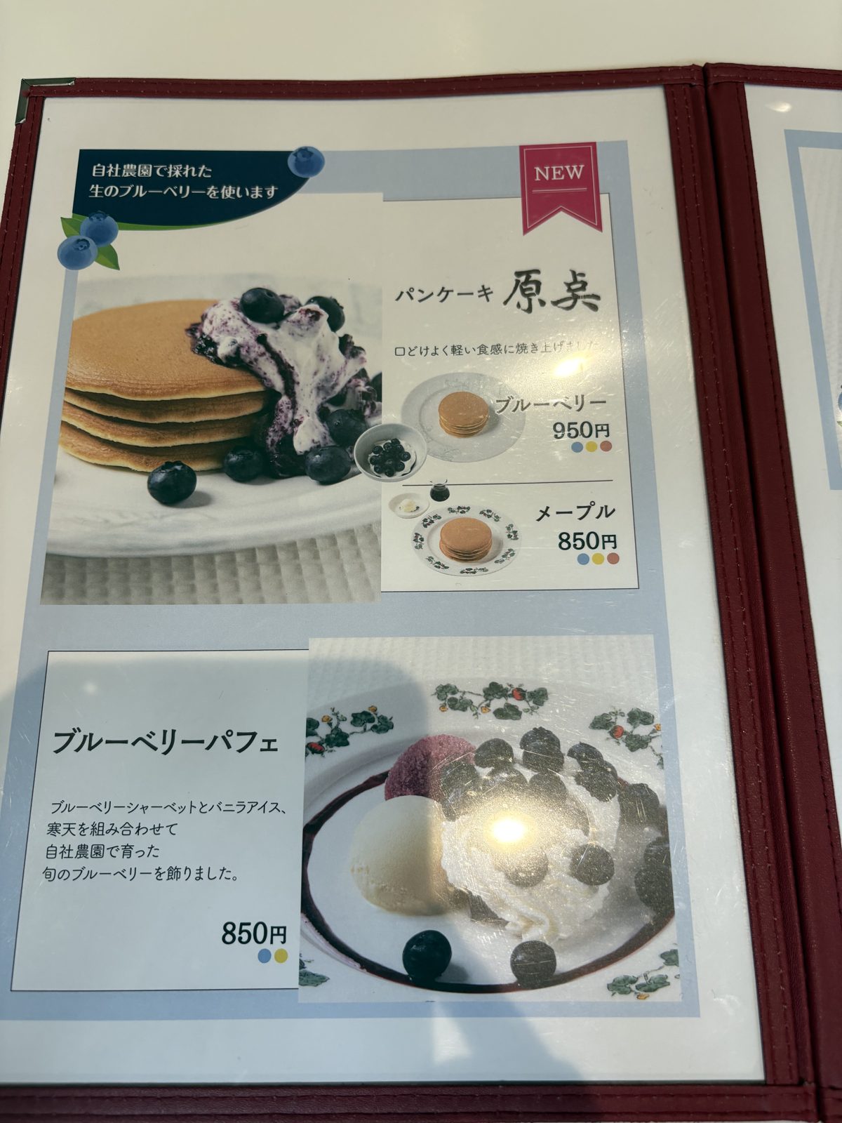 六花亭喫茶室のメニュー。パンケーキ原点ブルーベリー950円、メープル850円、ブルーベリーパフェ850円