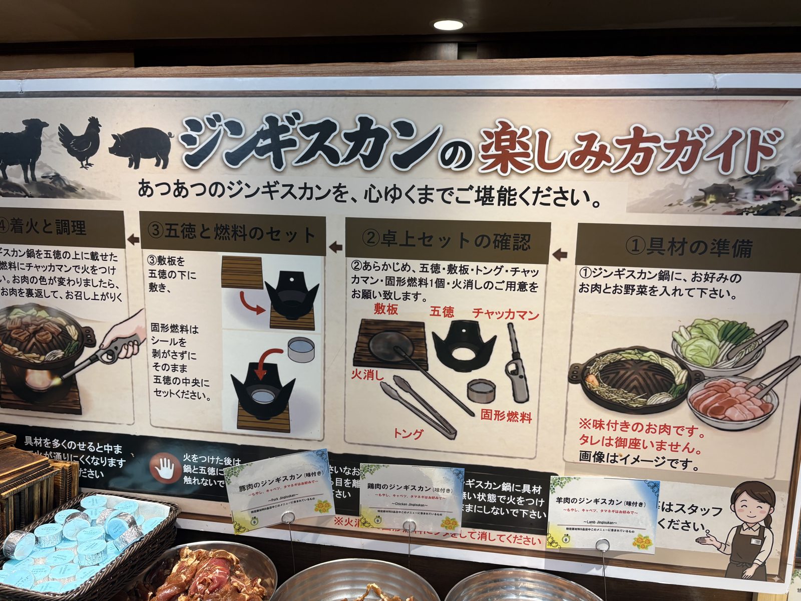 石水亭バイキングのジンギスカンの楽しみ方ガイドと、たっぷりの具材コーナー