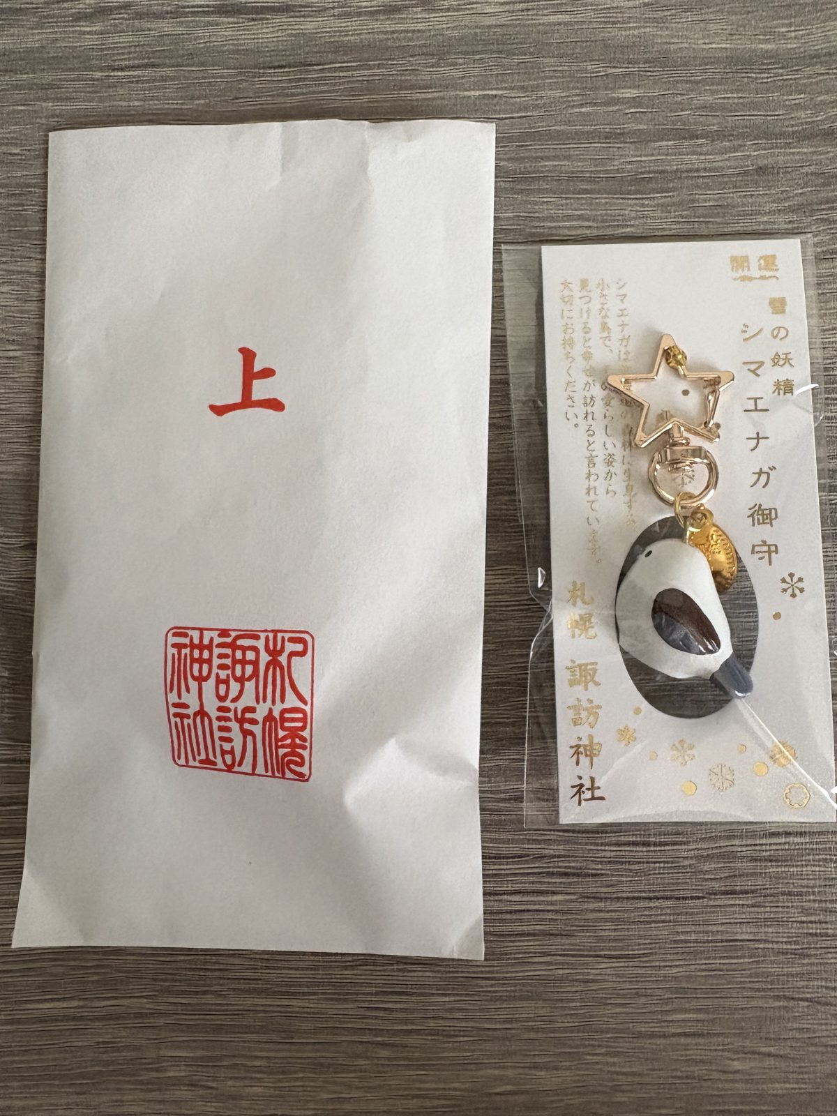 札幌諏訪神社のシマエナガのお守りのパッケージ。星のチャームつきで、開運のお守り