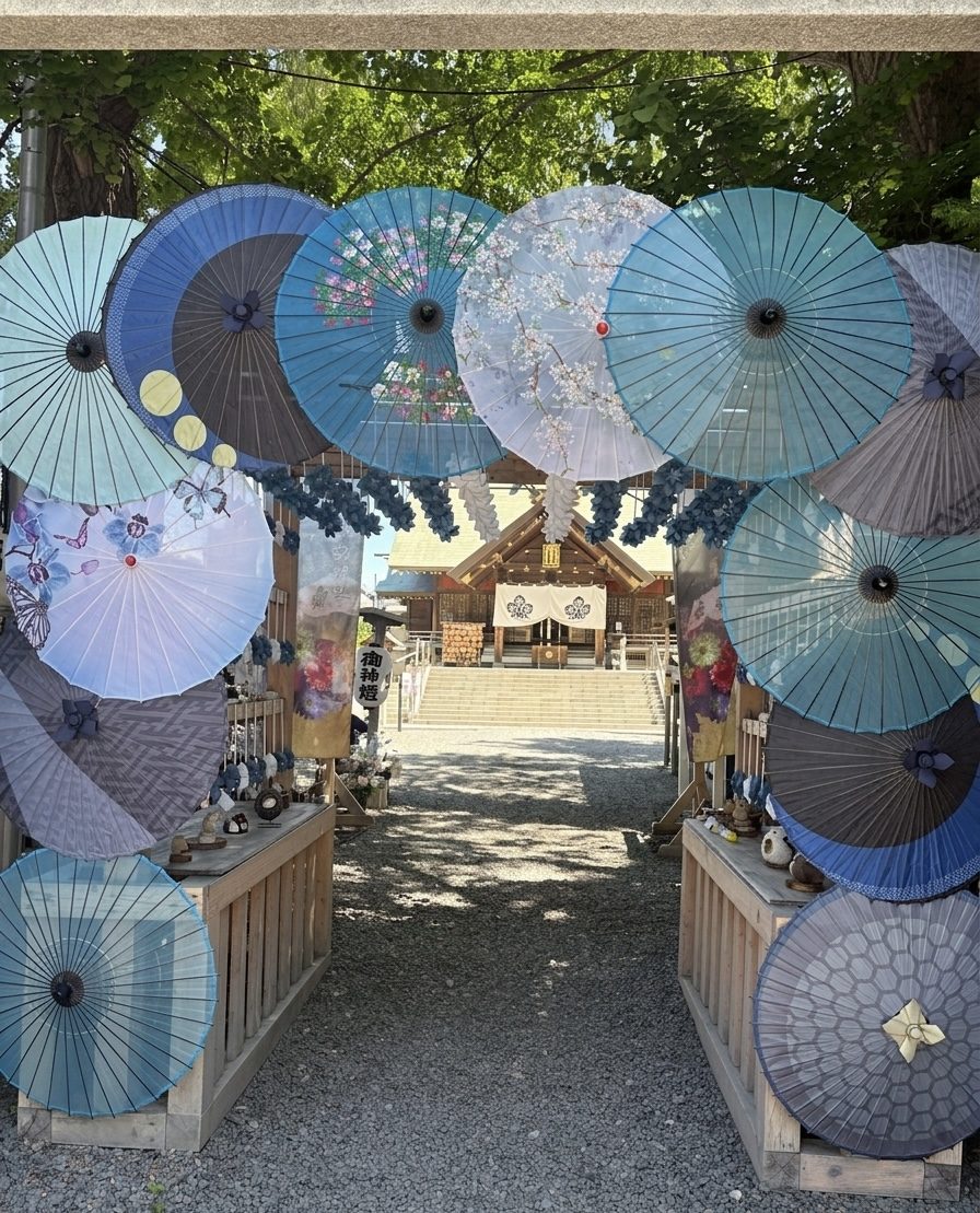 札幌諏訪神社の参道。色とりどりの和傘がアーチのように飾られ、奥にお社が見える