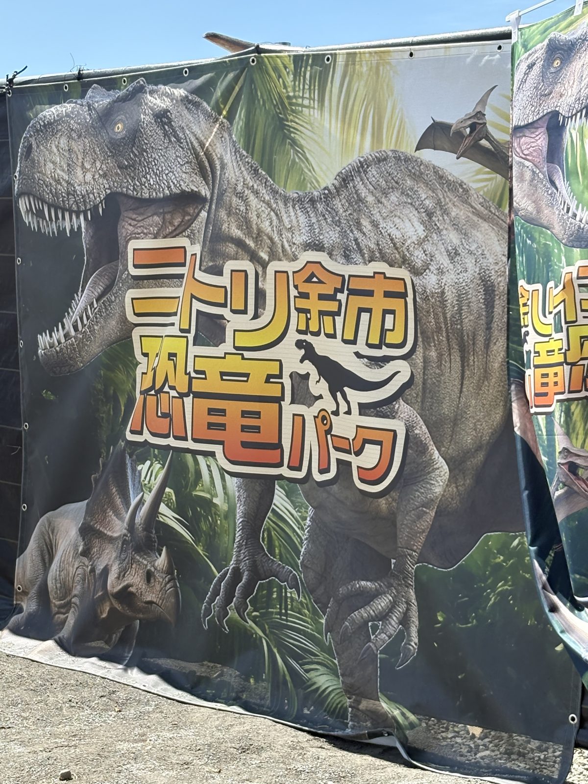 完成したニトリ余市恐竜パークの入口バナー。ティラノサウルスとトリケラトプスが描かれている